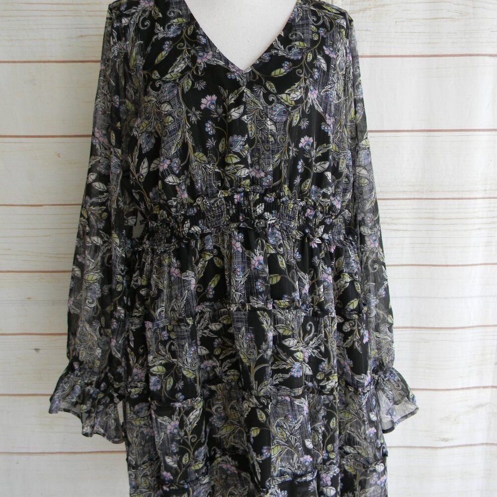 Torrid Women Dress 2 Black Floral Mini Lurex Chiffon Tiered Ruffle Scoop NWT